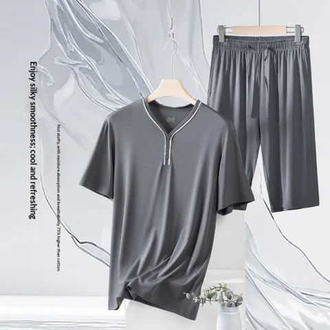 Men's Home Wear Pajama Set - Thin Short-Sleeve Top and Shorts Loungewear