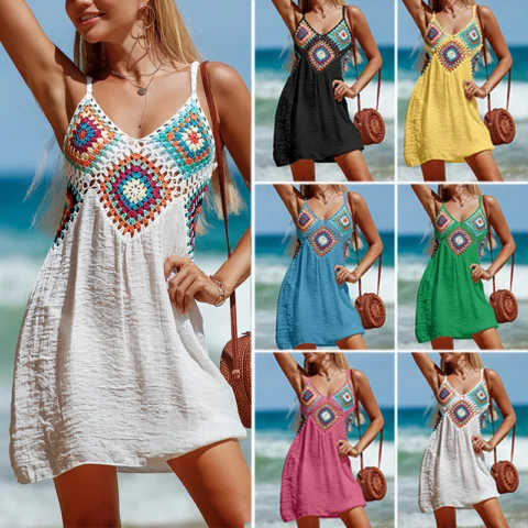 Women's Summer Sleeveless Bohemia Dress - Colorful Pattern V-Neck Hollow Beach Dress