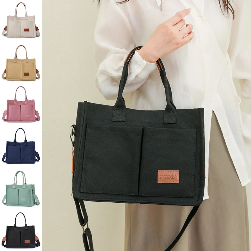 Women's Canvas Multi-Pocket Shoulder Bag - Large Capacity Casual Crossbody Shopper Tote
