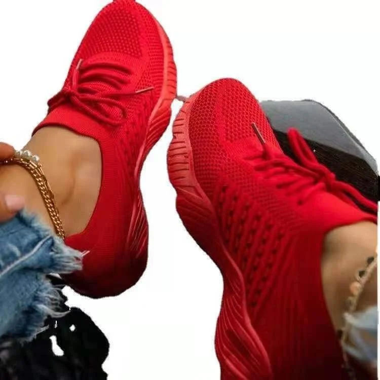 Women's Large Size Platform Solid Color Lace-up Flying Knitted Sneakers Outdoor Walking Shoes - imagine 6