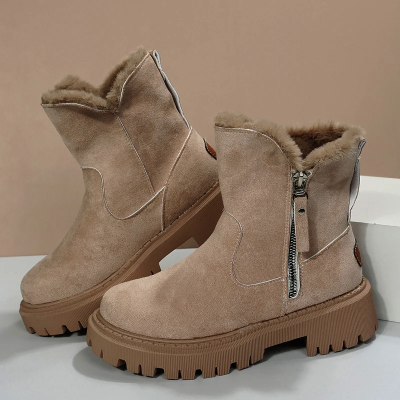 Women's Thick Plush Snow Boots - Faux Suede Non-Slip Winter Shoes - imagine 3