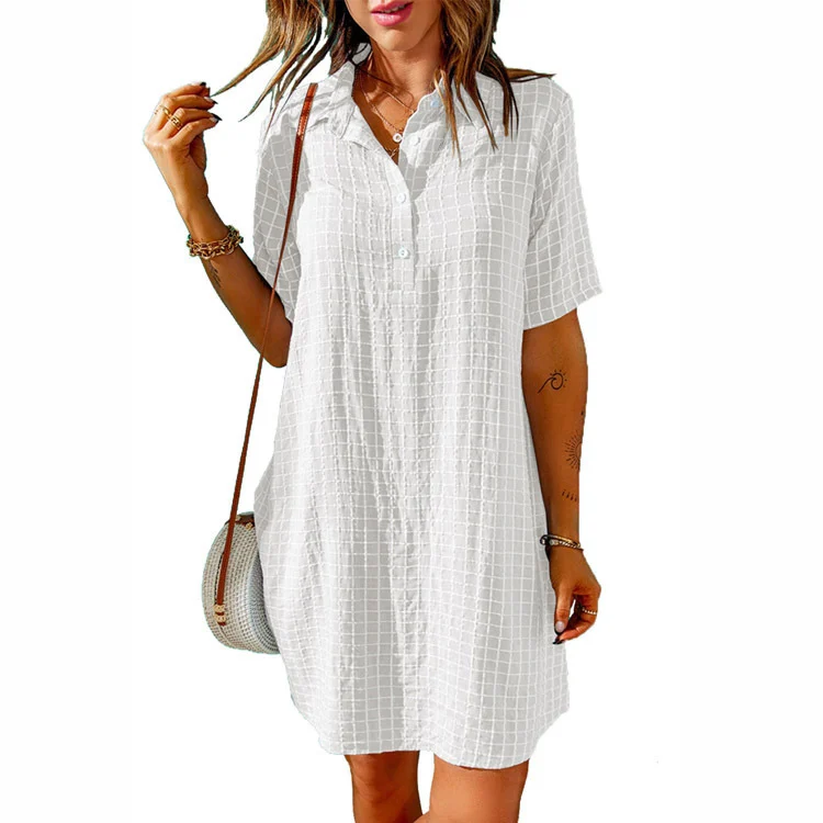 Women's Check Neck Button Short Sleeve Shirt Dress - imagine 4