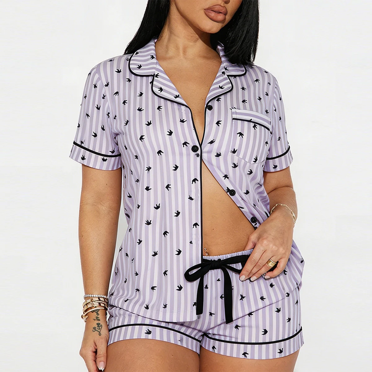 Women's Notch-collar Short-sleeve Shorts Two-piece Pajama Set - Image 4