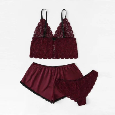 Women's Satin Lingerie Lace Shorts Set