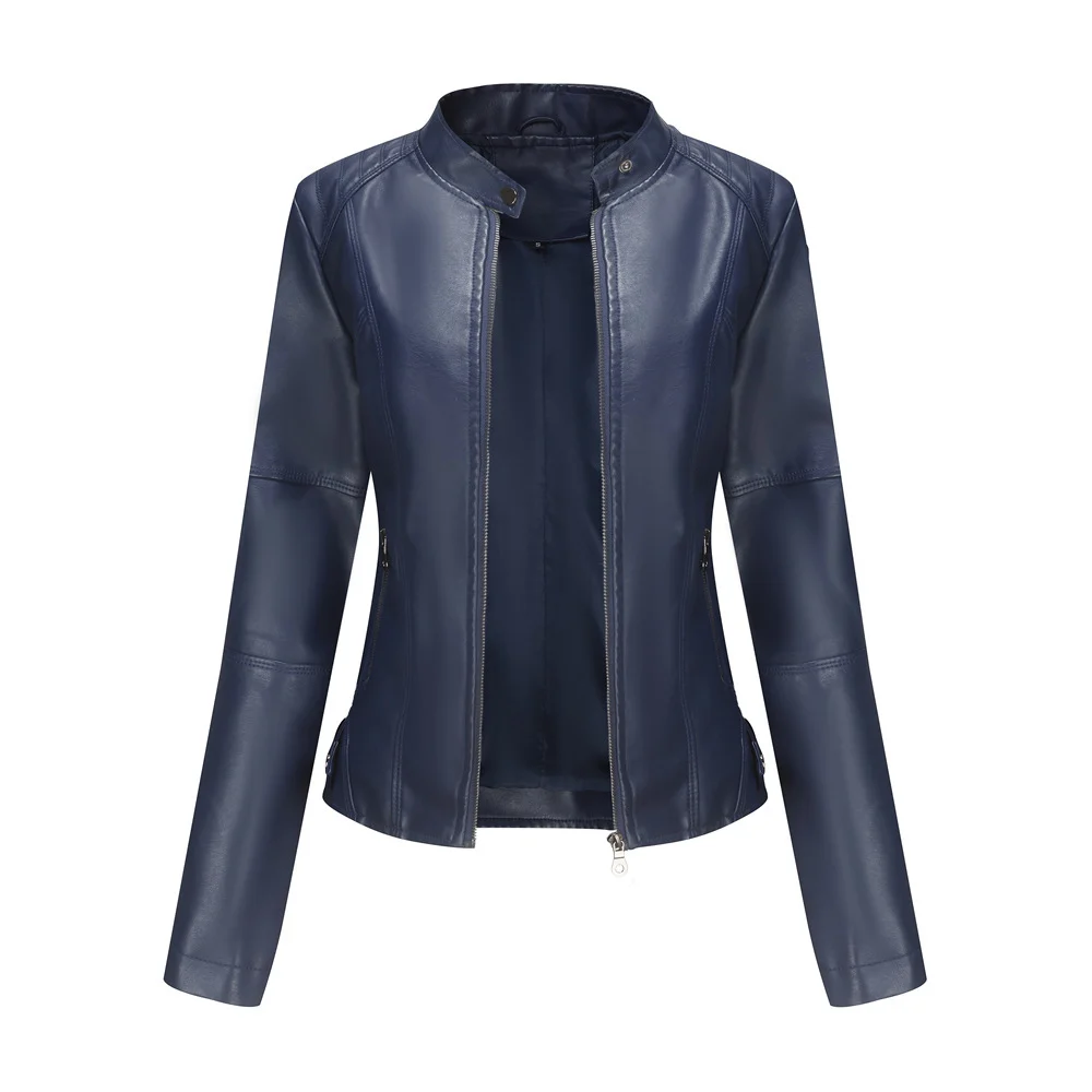 Women's Zip-up Leather Jackets Fashion Solid Color Pockets Stand Collar Top Outwear Clothing - imagine 10