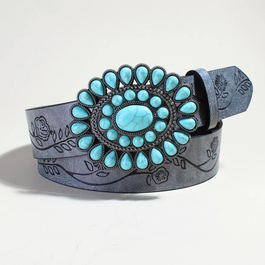 Women's Belts Flow New Rose Pattern Printed Green Pine Beads Alloy Buckle - Image 7