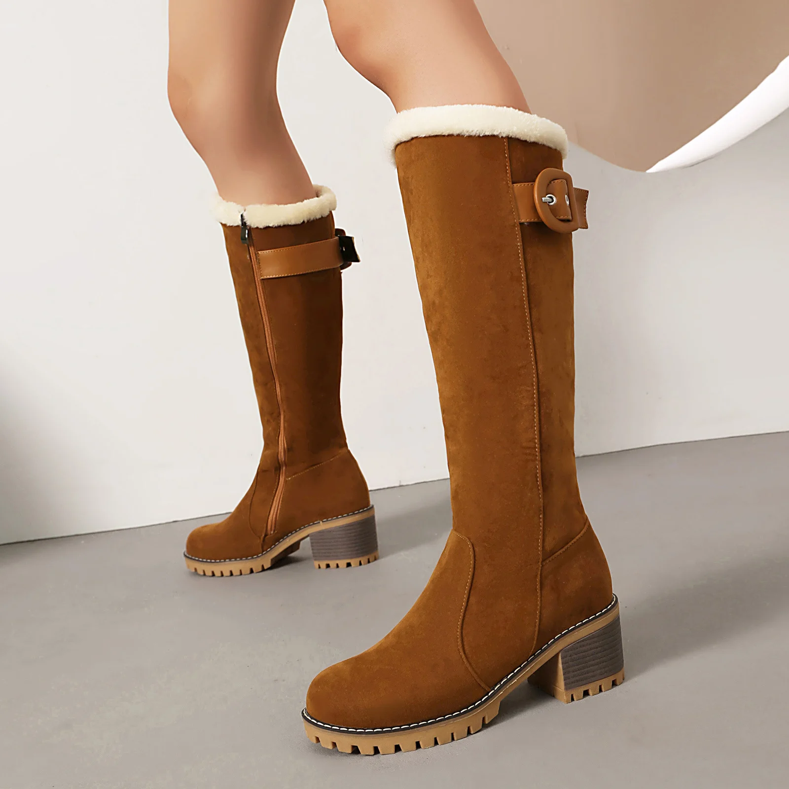 Women's Knee-High Winter Boots - High Wooden Heel & Warm Plush Lining - Image 6