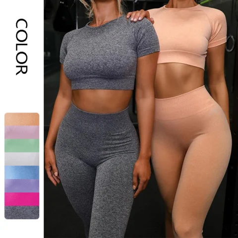 Women's Yoga Sport Set Fitness Running Leggings Short Sleeve Tops