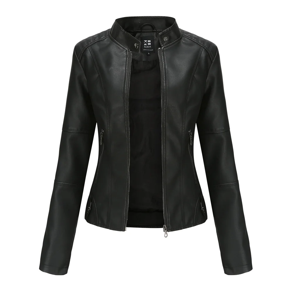 Women's Zip-up Leather Jackets Fashion Solid Color Pockets Stand Collar Top Outwear Clothing - imagine 6