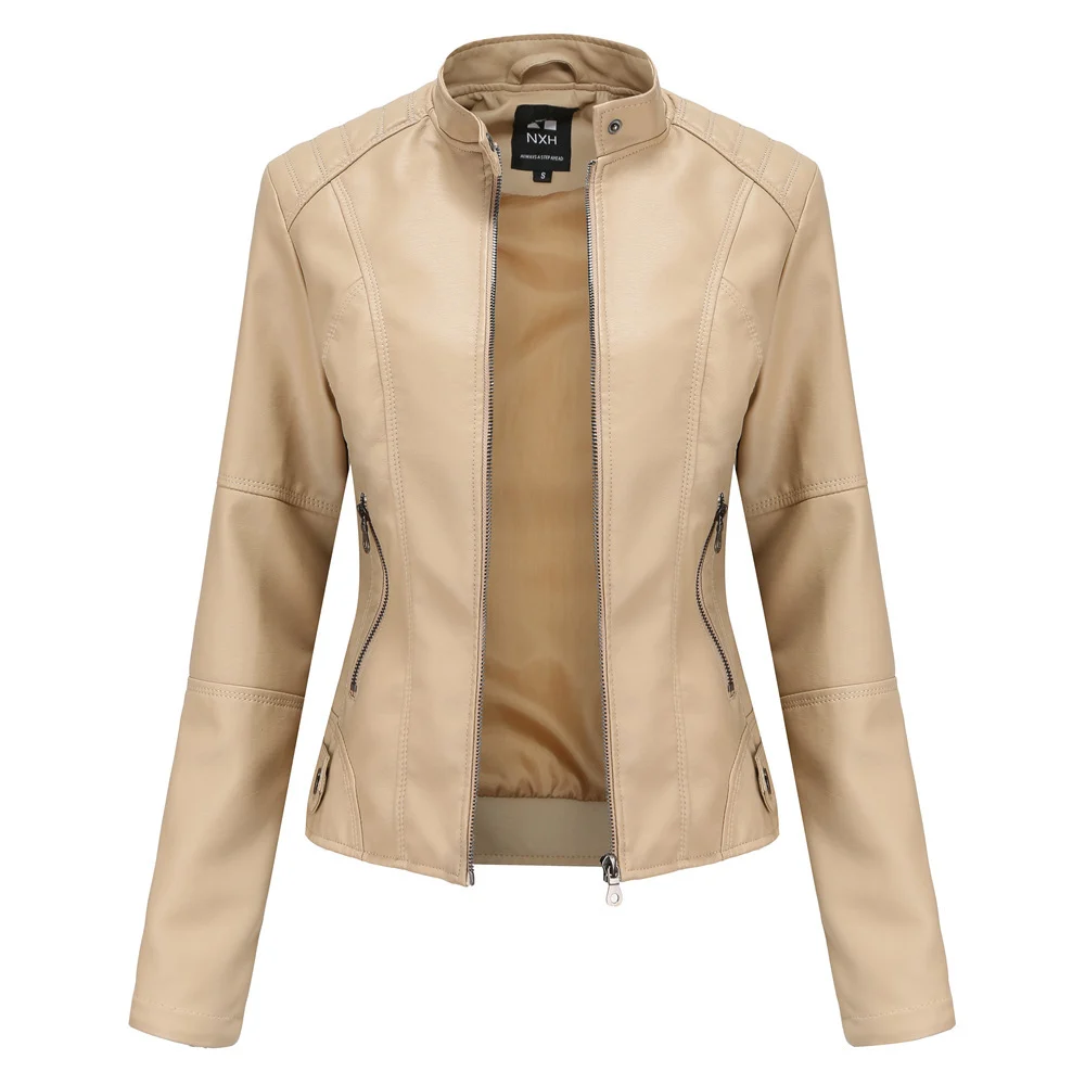 Women's Zip-up Leather Jackets Fashion Solid Color Pockets Stand Collar Top Outwear Clothing - imagine 5