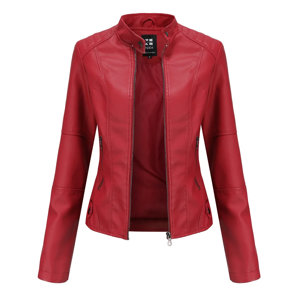 Women's Zip-up Leather Jackets Fashion Solid Color Pockets Stand Collar Top Outwear Clothing - imagine 8