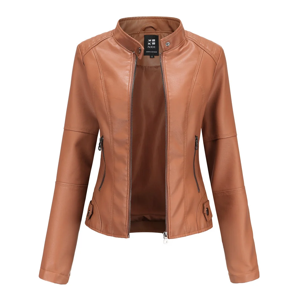 Women's Zip-up Leather Jackets Fashion Solid Color Pockets Stand Collar Top Outwear Clothing - imagine 9