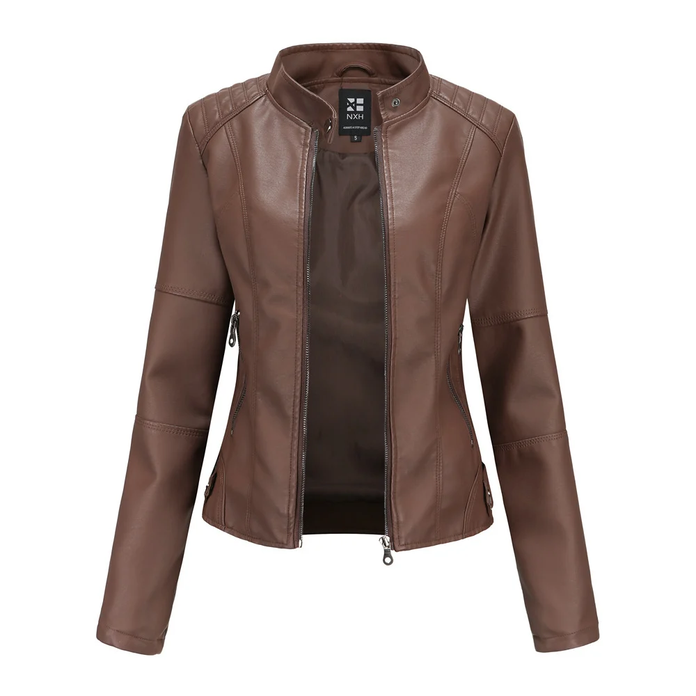 Women's Zip-up Leather Jackets Fashion Solid Color Pockets Stand Collar Top Outwear Clothing - imagine 7