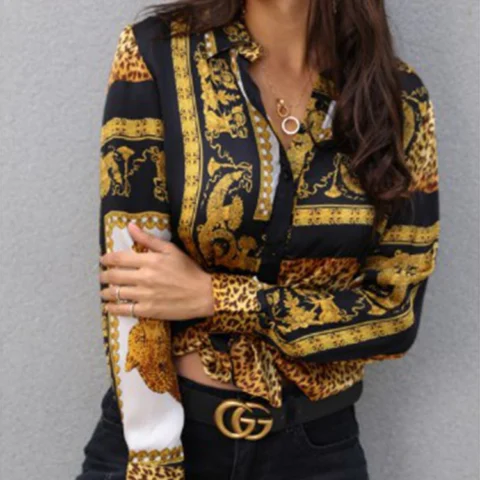 Women's Elegant Print Loose Crop Shirt Ladies Button Down Shirt