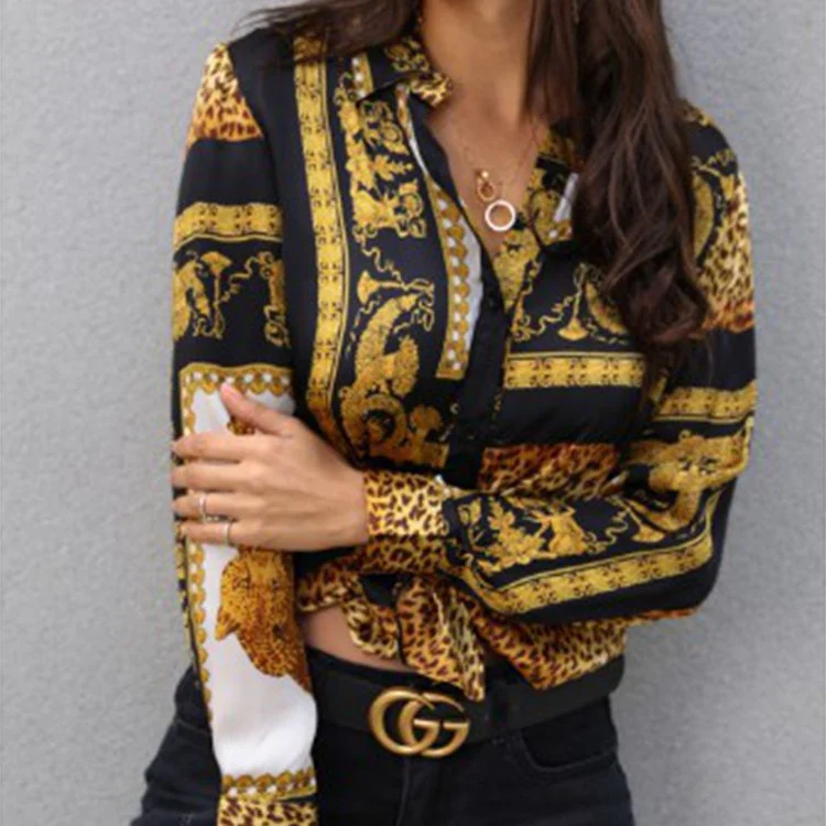 Women's Elegant Print Loose Crop Shirt Ladies Button Down Shirt - Image 3