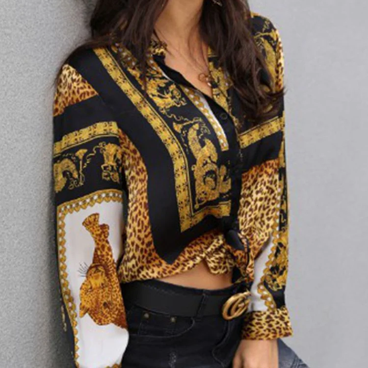 Women's Elegant Print Loose Crop Shirt Ladies Button Down Shirt - Image 2