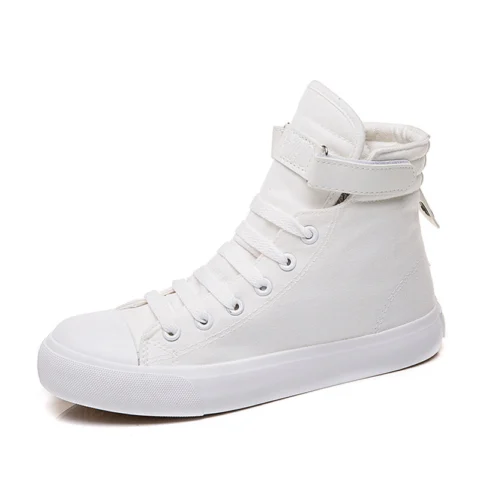 Women's High-Top Canvas Shoes All Black Velcro Sports White Shoes