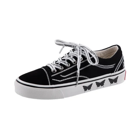 Women's Flat Low Strap Black Canvas Shoes