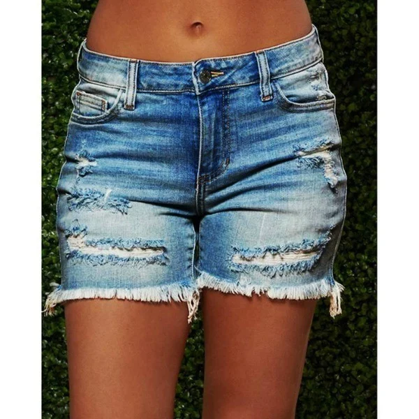 Women's Style Ripped Fringed High Stretch Denim Shorts - Image 2
