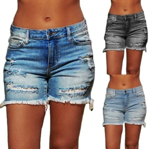 Women's  Style Ripped Fringed High Stretch Denim Shorts