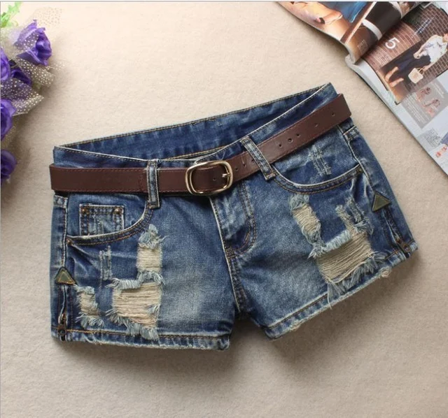 Women's Denim Shorts Mini Rivet Holes Jeans Low Waist - Image 2
