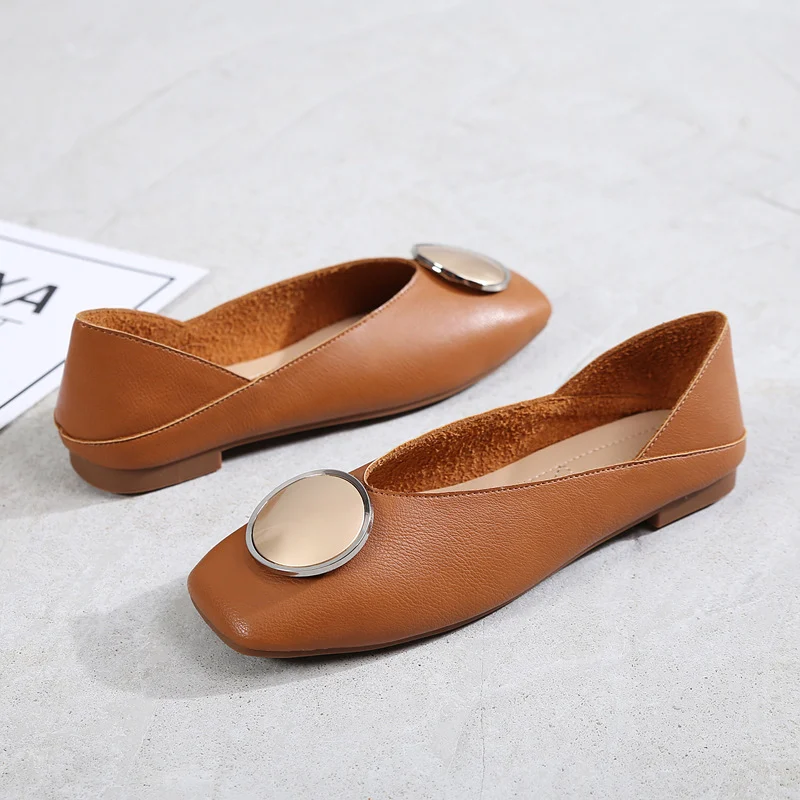 Womens Flats Shoes Ballet Vintage Genuine Leather Metal Circle - Image 2