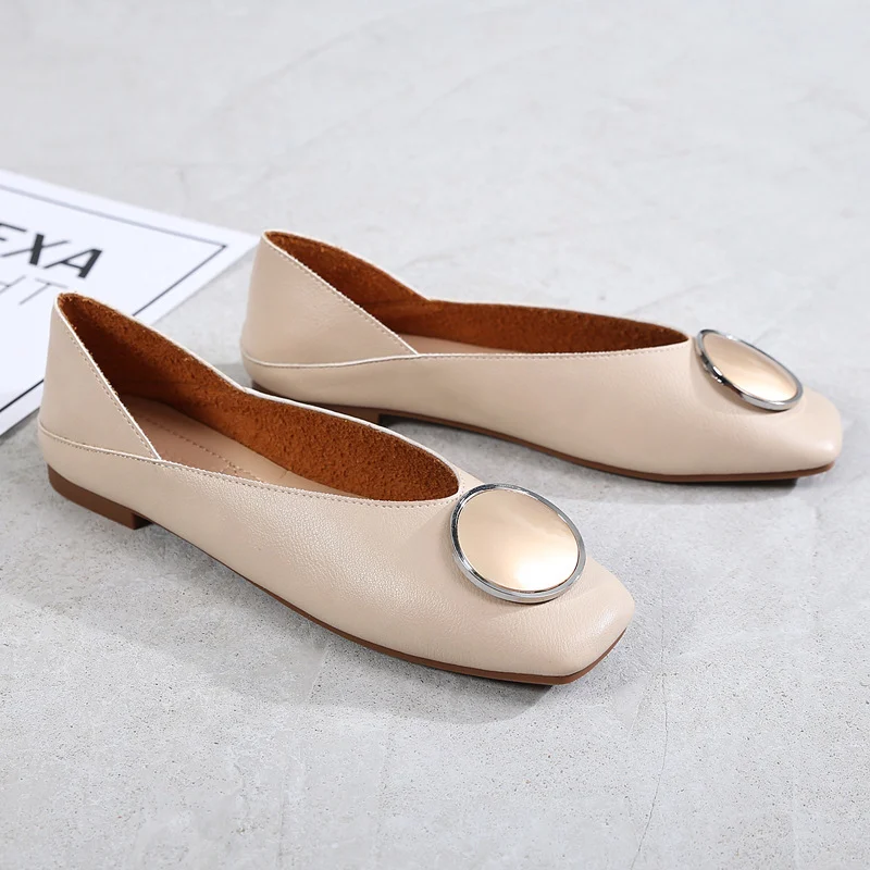 Womens Flats Shoes Ballet Vintage Genuine Leather Metal Circle - Image 3
