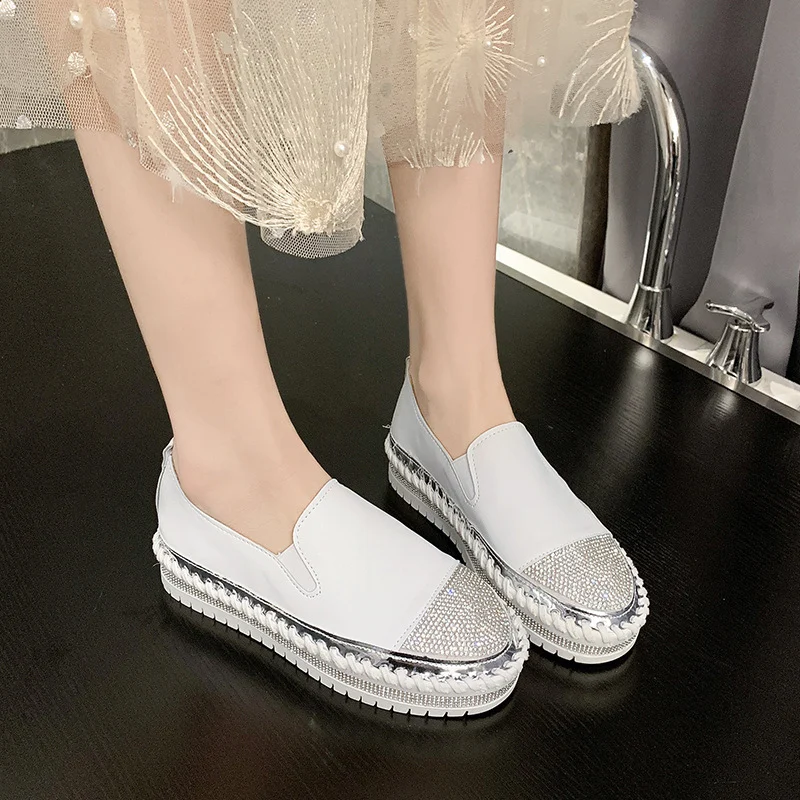 Women's Platform flat bottom rhinestone loafers - imagine 2