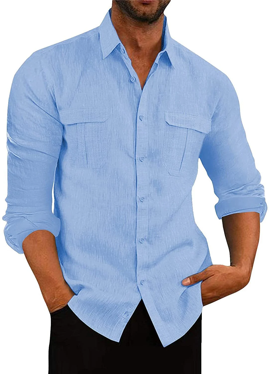 Men's Cotton Linen Double Pocket Shirt - Image 3