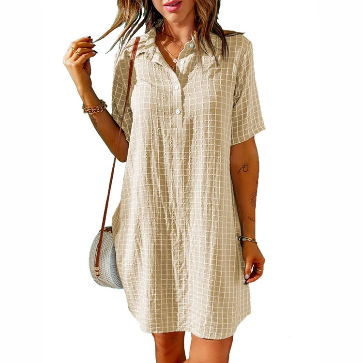 Women's Check Neck Button Short Sleeve Shirt Dress - imagine 3