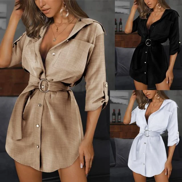 Women's Solid color button sleeve shirt dress - Image 3