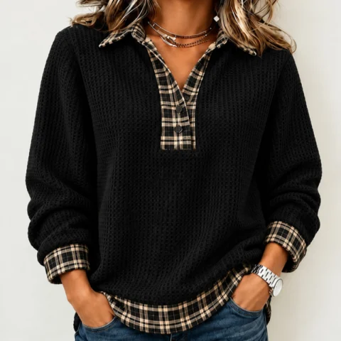Women's V-Neck Long-Sleeve Pullover Top - Beige