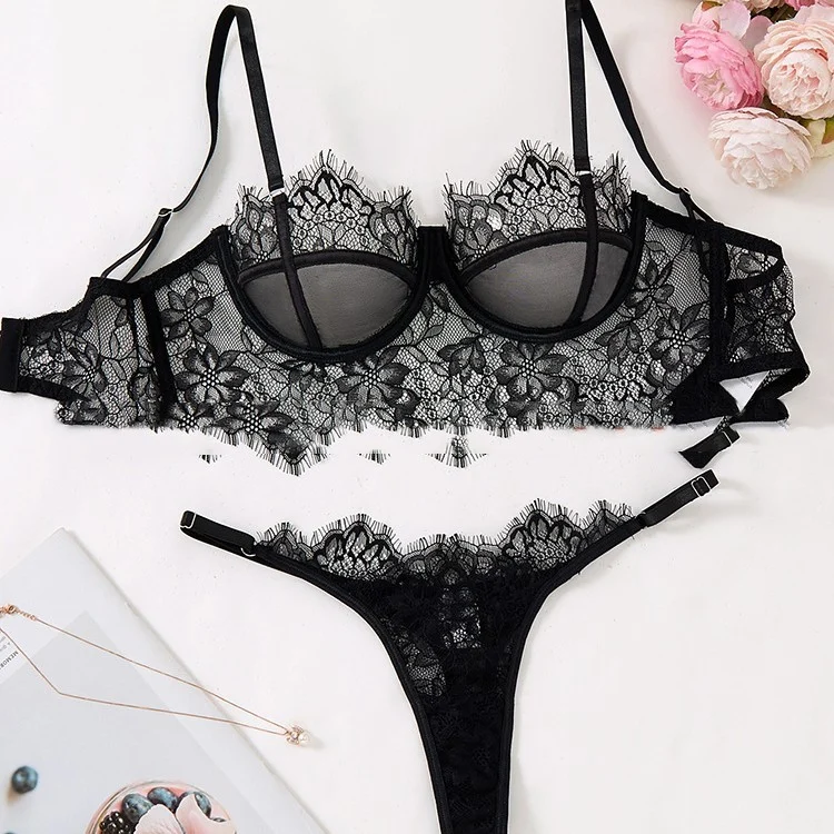 Women's Black Mesh Bra Anti-sagging Lace Sexy Lingerie Set