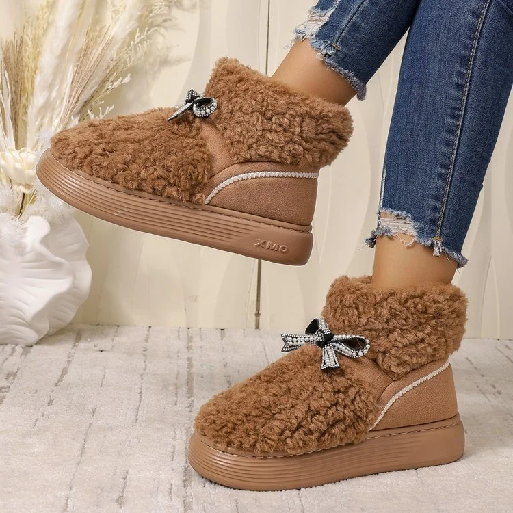 Women's Bow Platform Cotton Slippers - Outdoor Height-Increasing Fleece-Lined Warm Shoes - Image 3