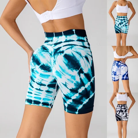 Women's Tie-Dye Yoga Shorts – Seamless High-Waisted Fitness Shorts