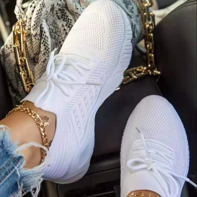 Women's Large Size Platform Solid Color Lace-up Flying Knitted Sneakers Outdoor Walking Shoes - imagine 5