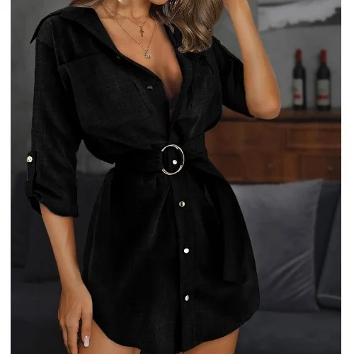 Women's Solid color button sleeve shirt dress - Image 2
