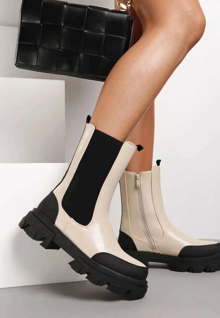 Women's Smoke Tube Boots Stitching Thin Thin Boots, Short Boots Single Boots Mid-tube Thick Bottom - Image 6