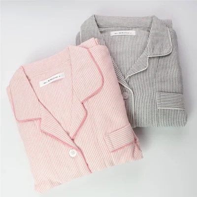 Women's Spring And Autumn Ladies Pajamas Clothing Home Furnishing Layer Thick Cotton Yarn  Striped Shirt Collar Wind