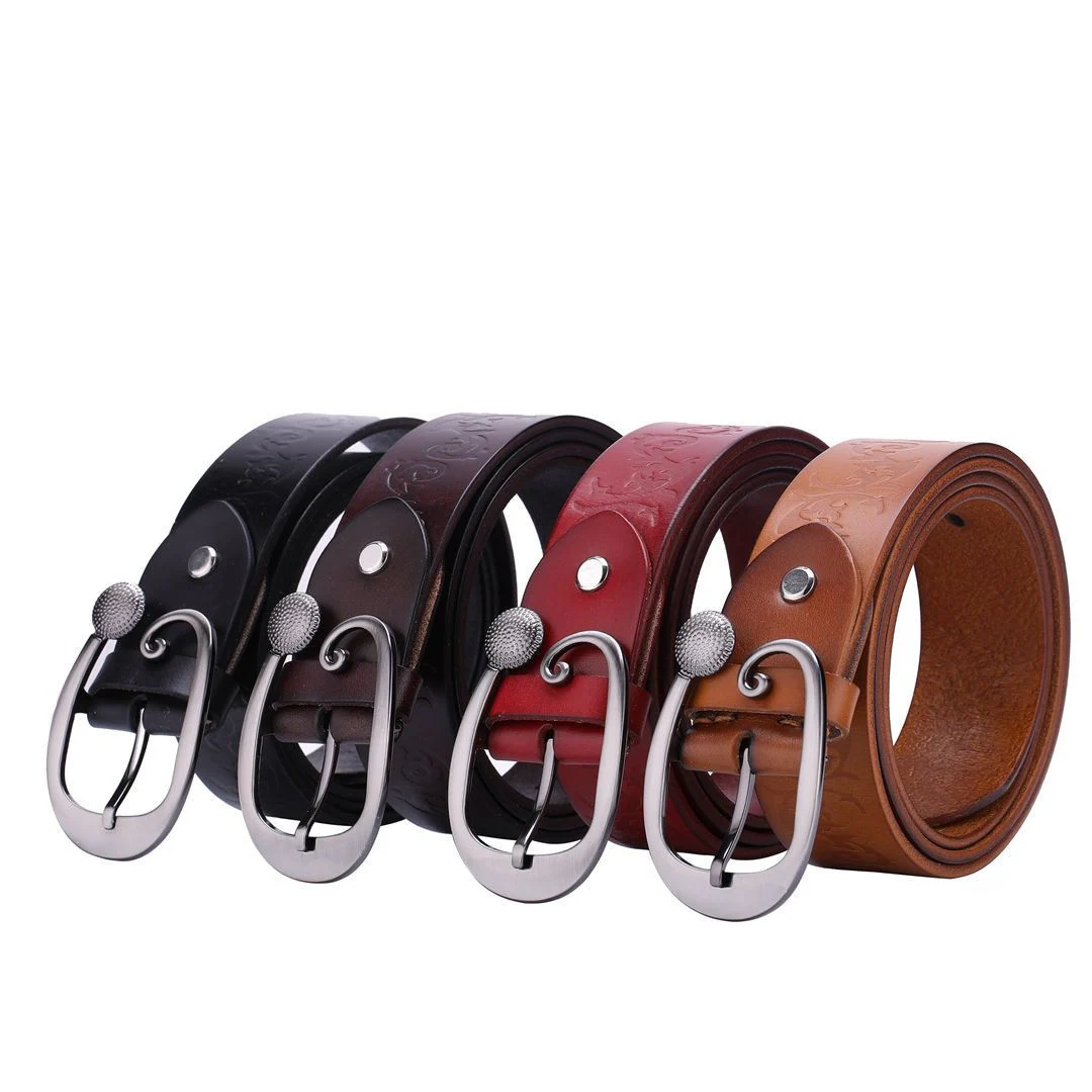 Women's Leather Belt Head Layer Cowhide Embossed Decoration