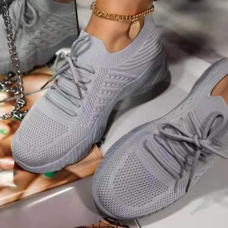 Women's Large Size Platform Solid Color Lace-up Flying Knitted Sneakers Outdoor Walking Shoes - imagine 2