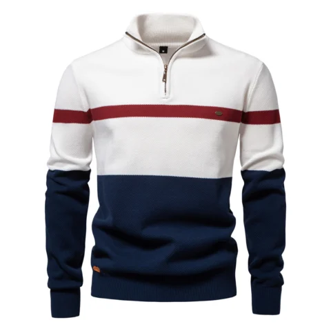 Men's Quarter-Zip Color Block Sweater – Casual Winter Knitwear