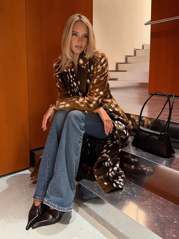 Women's Fawn Spotted Faux Fur Tailored Long Coat - Image 4