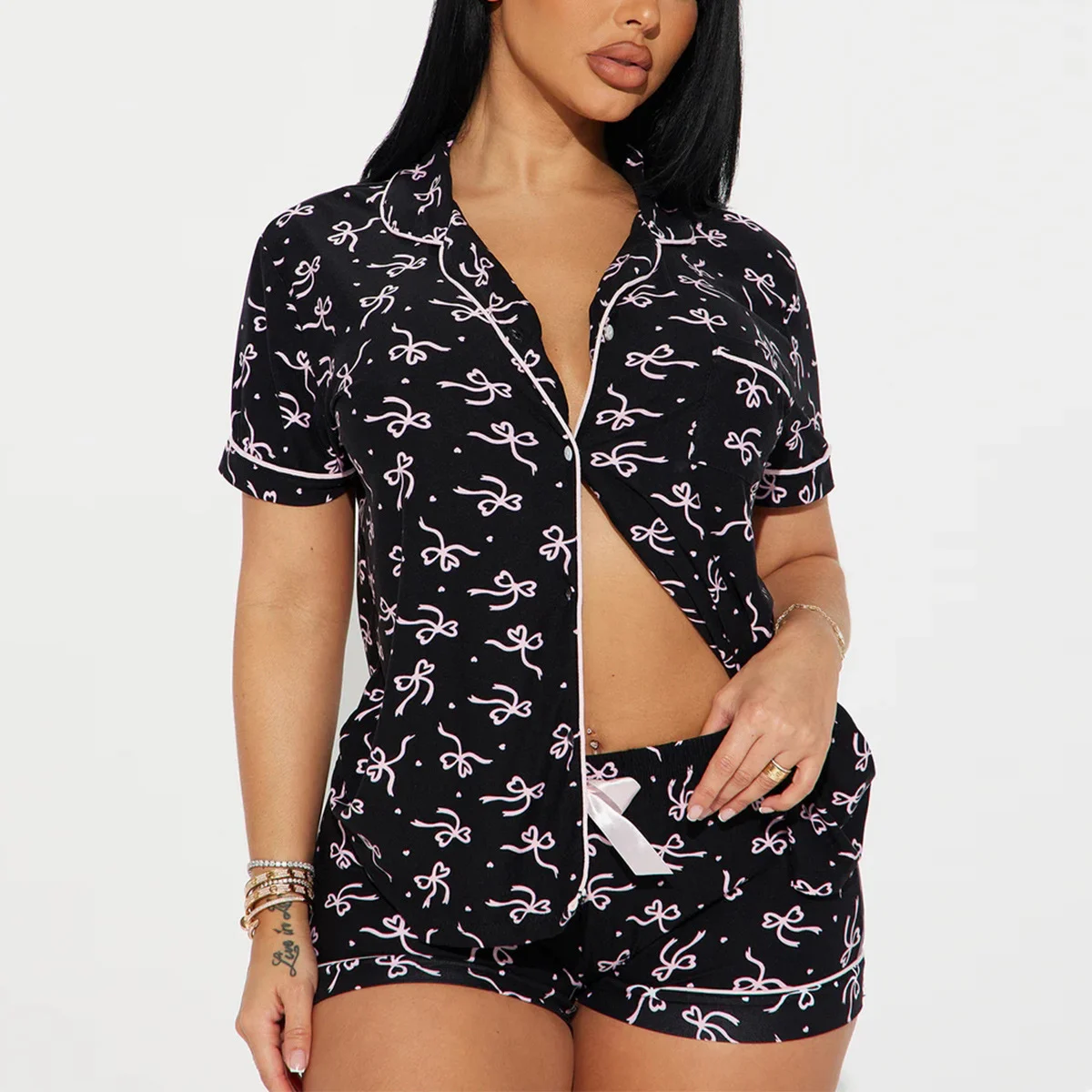 Women's Notch-collar Short-sleeve Shorts Two-piece Pajama Set - Image 2