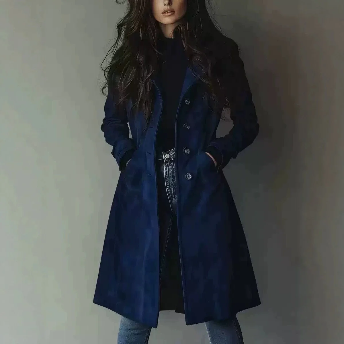 Amazon Cross-border European And American Long-style Lapel Buttoned Waist-cinching Women's Coat