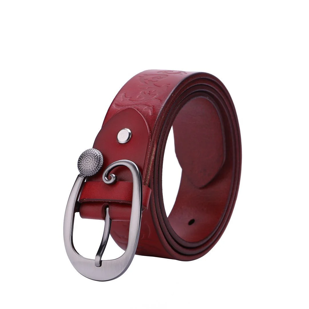 Women's Leather Belt Head Layer Cowhide Embossed Decoration - imagine 3
