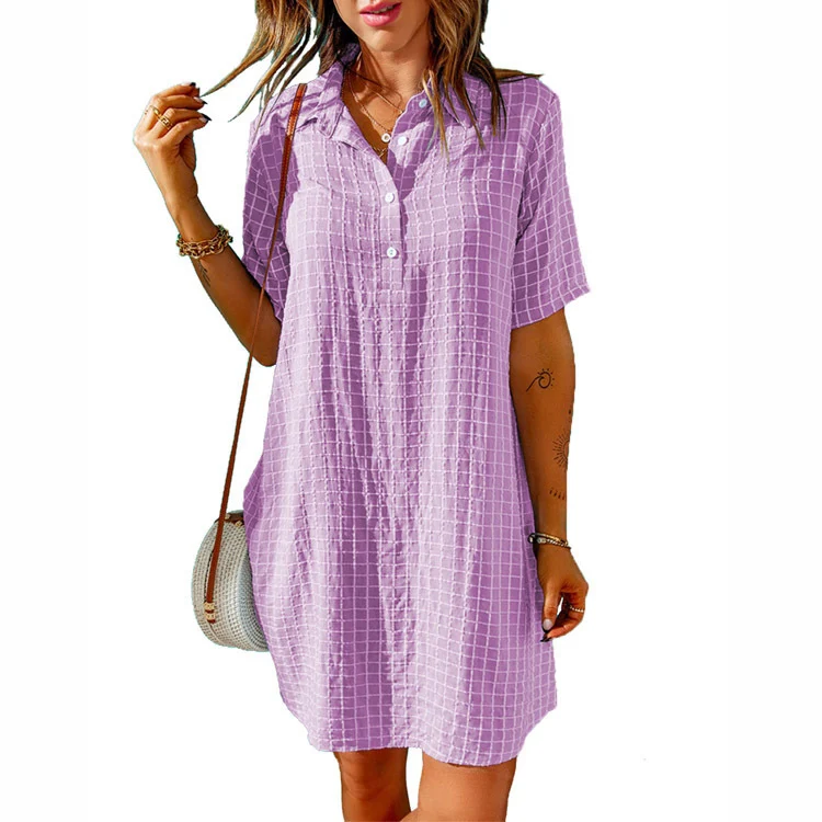 Women's Check Neck Button Short Sleeve Shirt Dress - imagine 7