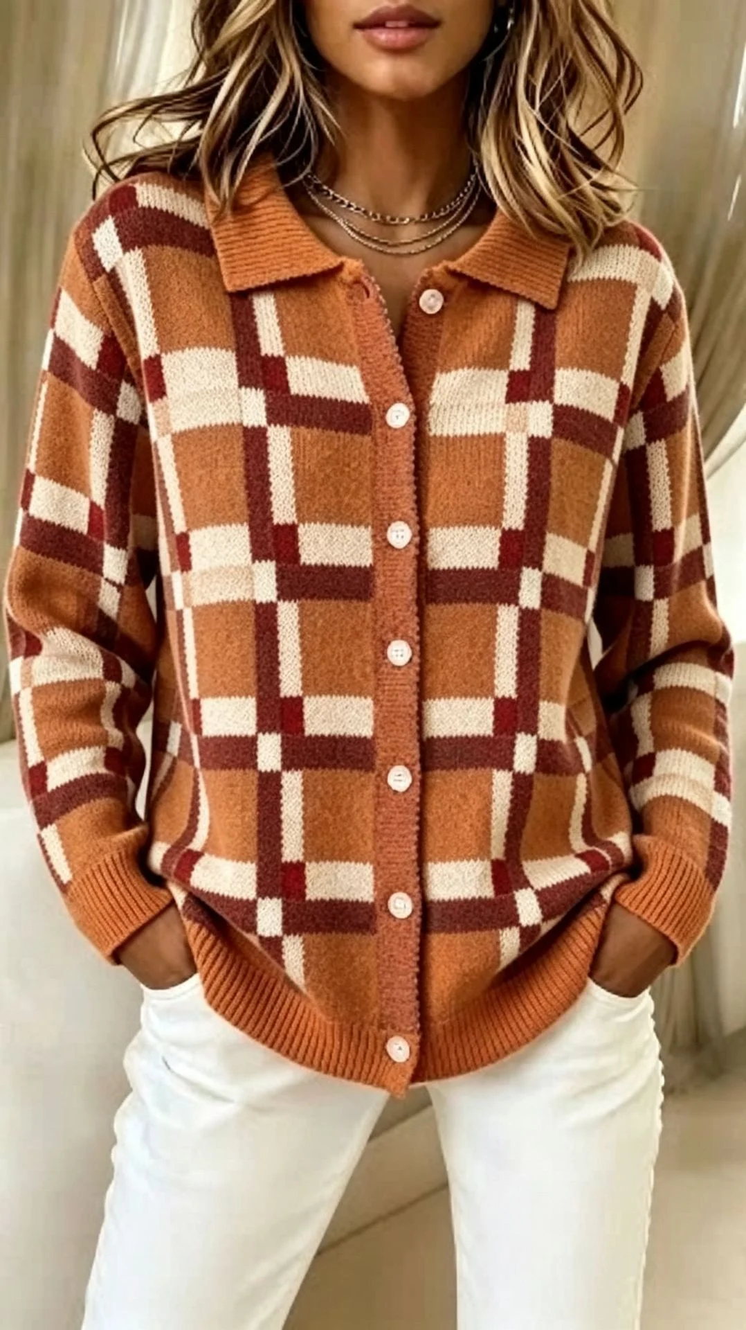 Women's Unique-Line Plaid Long-Sleeve Blouse - Image 2