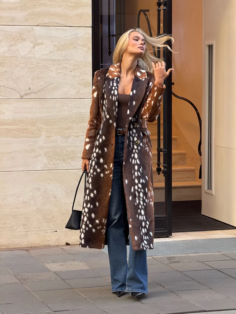 Women's Fawn Spotted Faux Fur Tailored Long Coat - Image 6