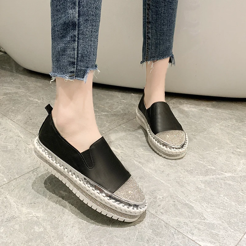 Women's Platform flat bottom rhinestone loafers - imagine 3